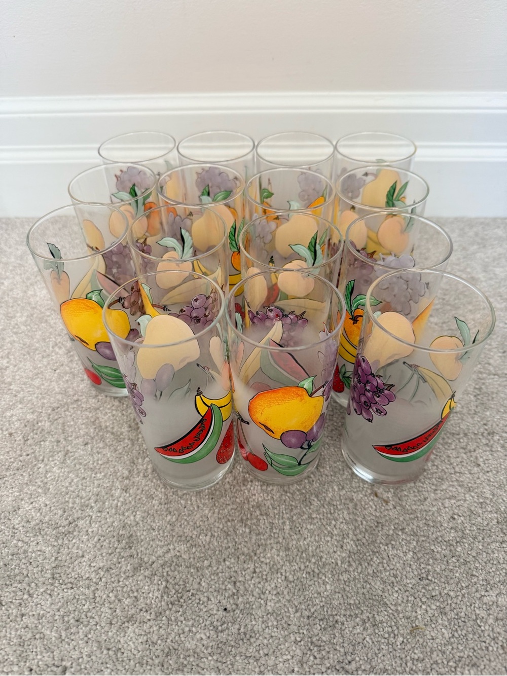 Set of 15 French vintage Fruit pattern glasses tumblers